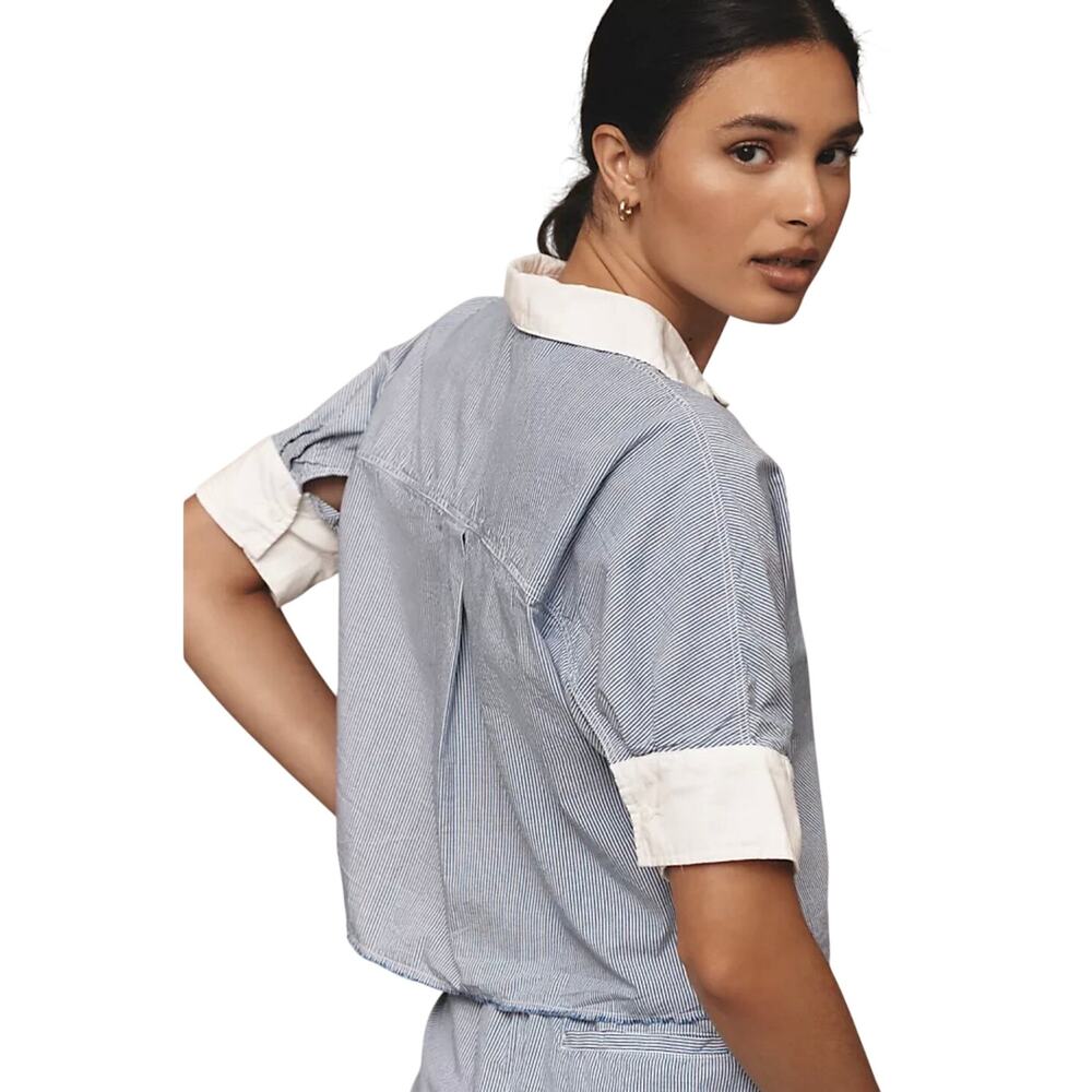 Stateside Womens Pinstripe Boxy Shirt S Sport Blue Cropped Contrast Collar